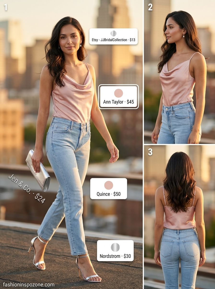 Romantic Summer Bodysuit & Jeans Outfits 2026 Blush pink satin bodysuit with white high-rise jeans, silver strappy heels for a romantic summer date night outfit 2026.