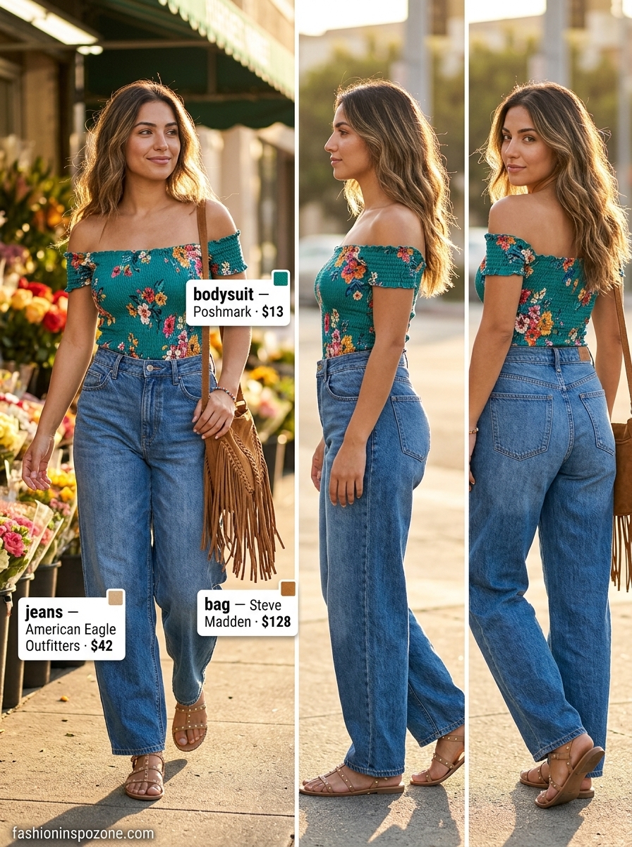 Playful Summer Bodysuit & Jeans Outfits 2026 Floral print off-shoulder bodysuit with medium blue ripped wide-leg jeans for a playful festival summer look 2026.