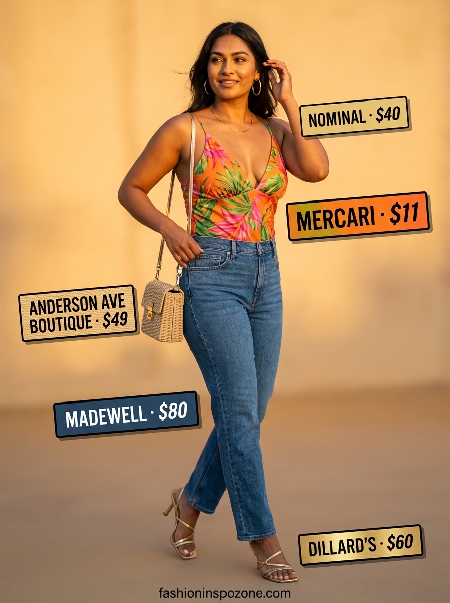 Resort Summer Bodysuit & Jeans Outfits 2026 Tropical print bodysuit with cream straight-leg jeans, gold sandals, and straw clutch for summer outfits 2026.