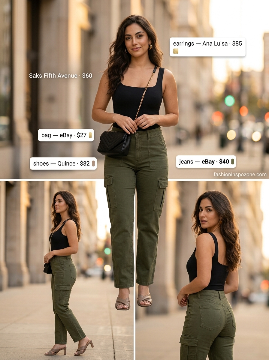 Urban Summer Bodysuit & Jeans Outfits 2026 Sleek black square neck bodysuit with olive green cargo jeans for a sophisticated urban summer outfit 2026.