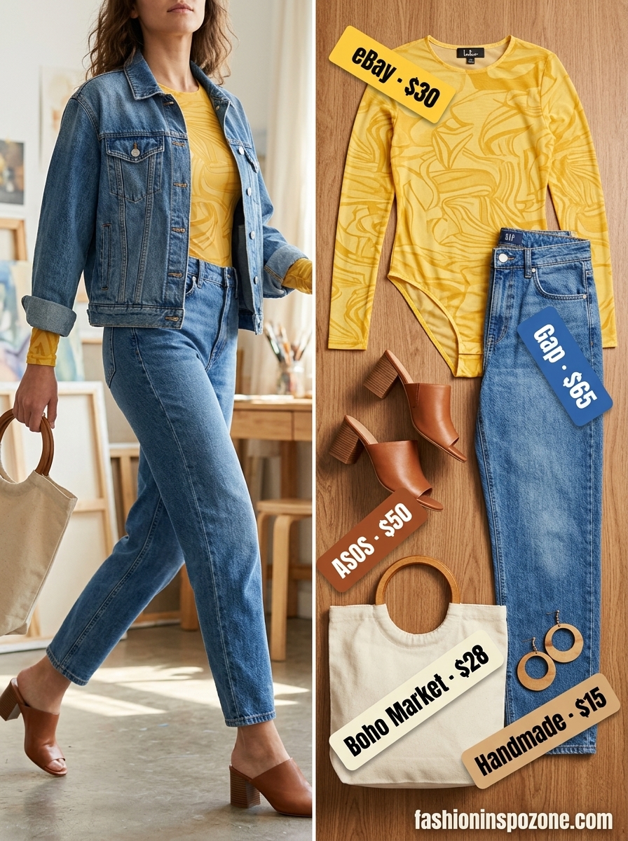 Creative Summer Bodysuit & Jeans Outfits 2026 Sunny yellow mesh bodysuit with medium wash barrel jeans, wooden bag, and brown mules for summer outfits 2026.