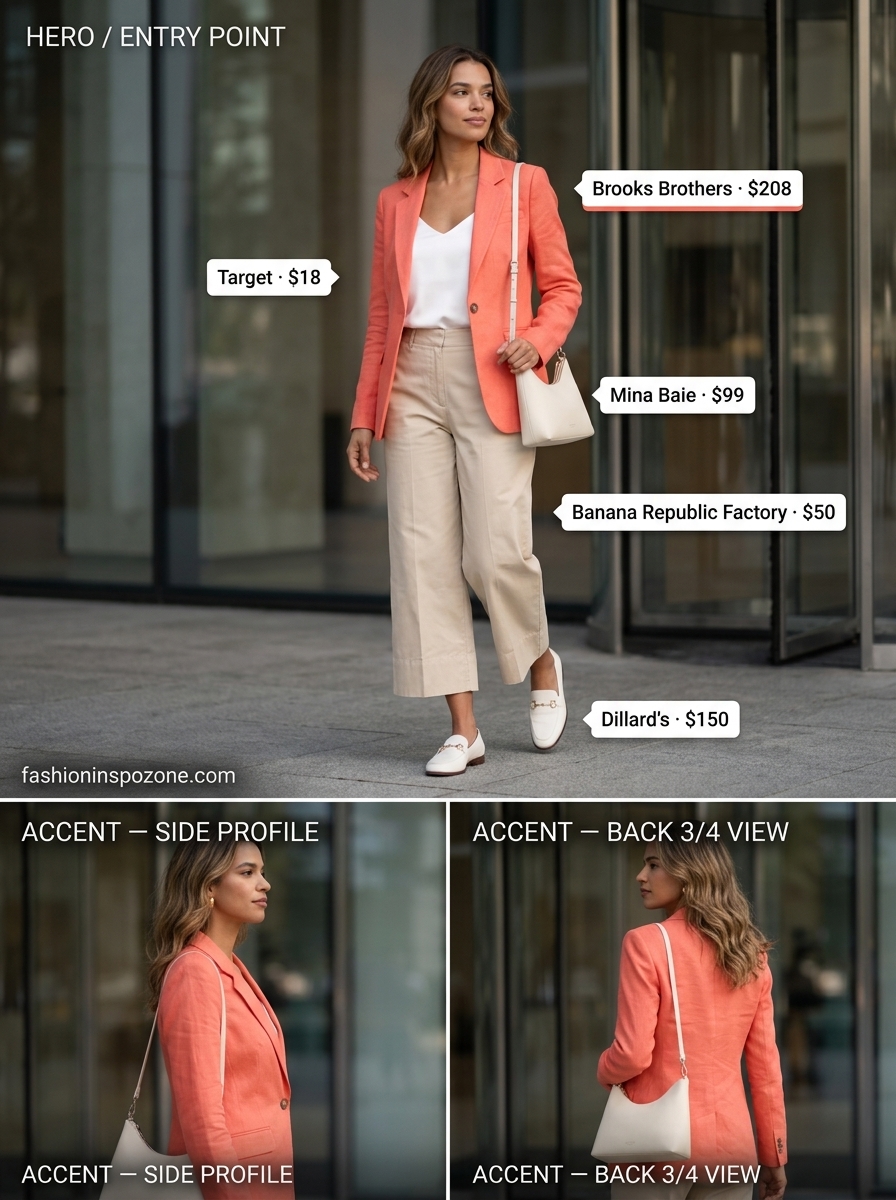 Coral linen blazer, beige cropped trousers, and white camisole for a summer business casual office outfit for women 2026.