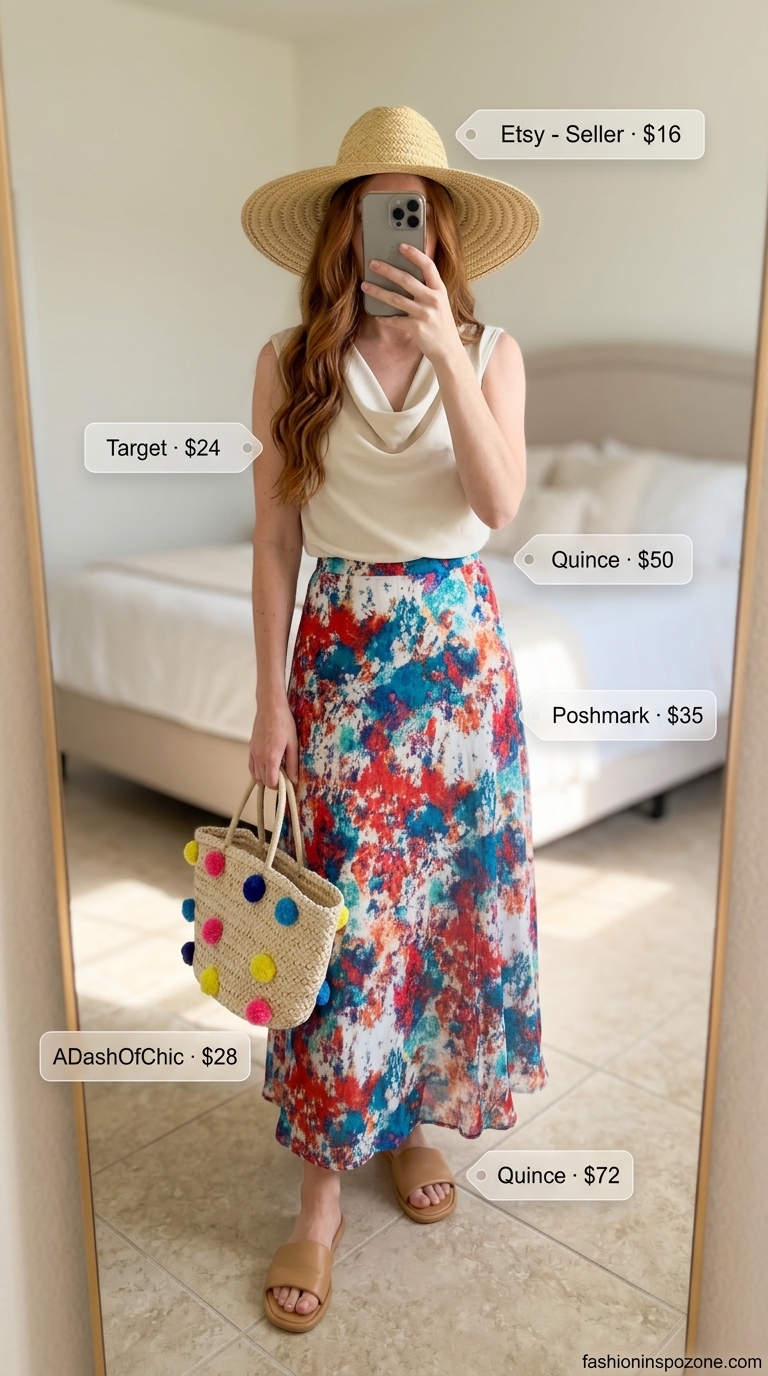 Vacation ready outfit: aqua blue printed maxi skirt with a white cowl neck camisole.