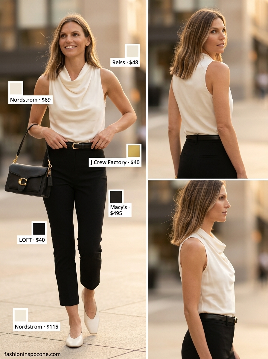 Beige cowl neck knit top with black ankle pants for summer cowl neck outfits for women 2026.
