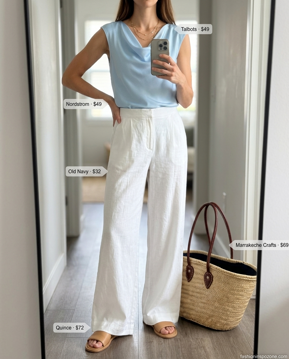 Light blue cowl neck tank top with white linen pants for a coastal look. Summer cowl neck outfits for women 2026.