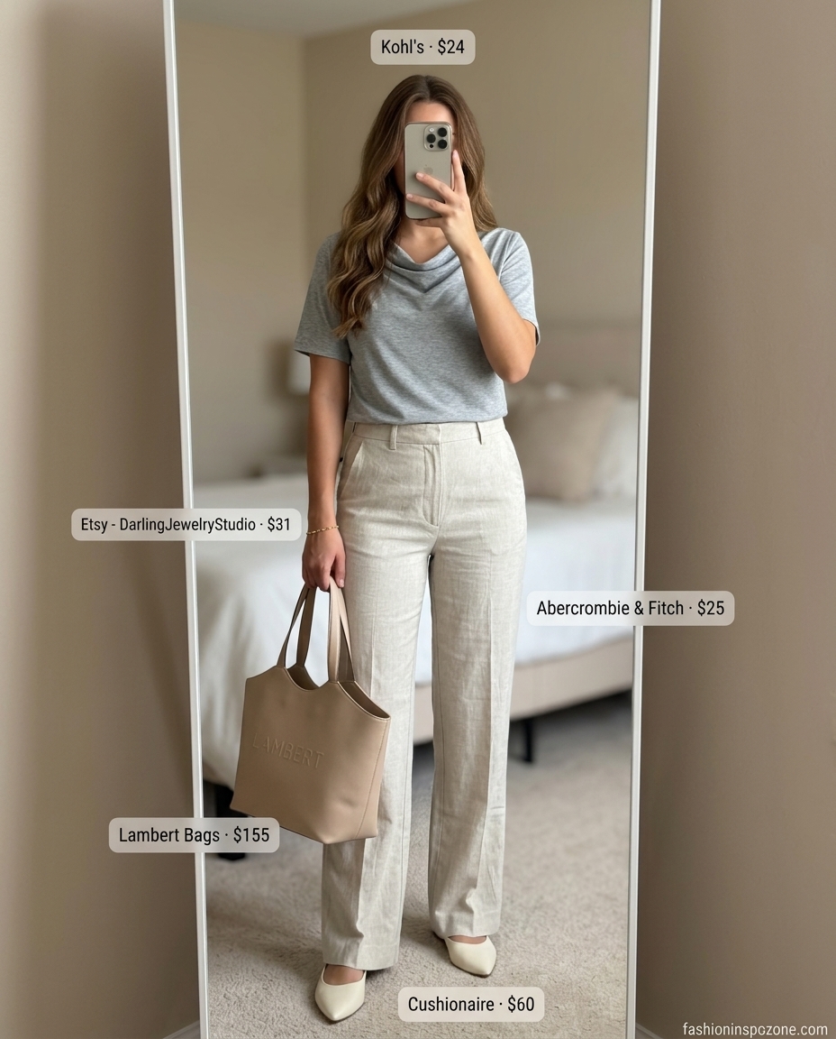 Relaxed chic weekend outfit: blush pink cowl neck blouse with cream wide-leg trousers.