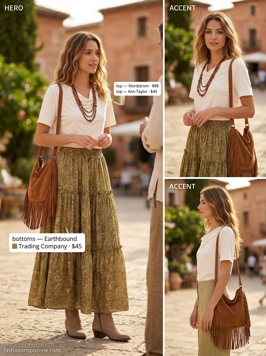 Boho summer outfit with a cowl neck top and olive green abstract print maxi skirt. Festival vibes.