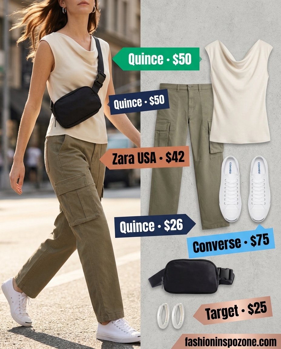 Khaki cargo pants with white cowl neck t-shirt for summer cowl neck outfits for women 2026.