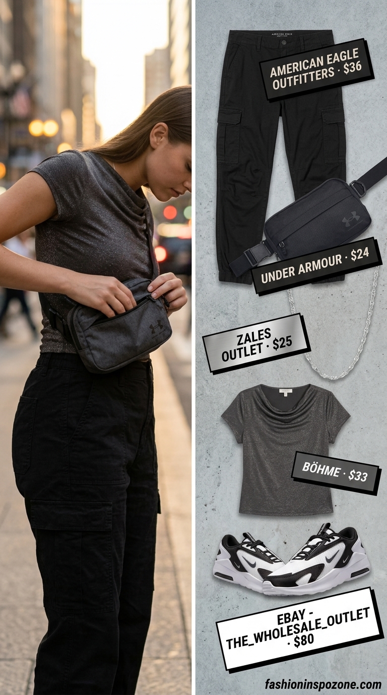 Urban explorer outfit: charcoal grey cowl neck top with black cargo pants and chunky sneakers.