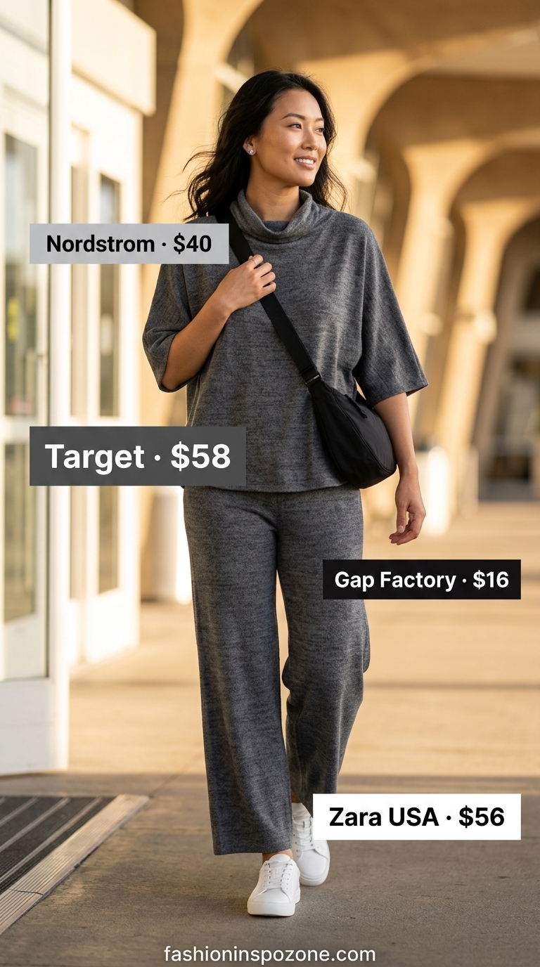 Charcoal grey cowl neck lounge set for comfortable athleisure. Summer cowl neck outfits for women 2026.
