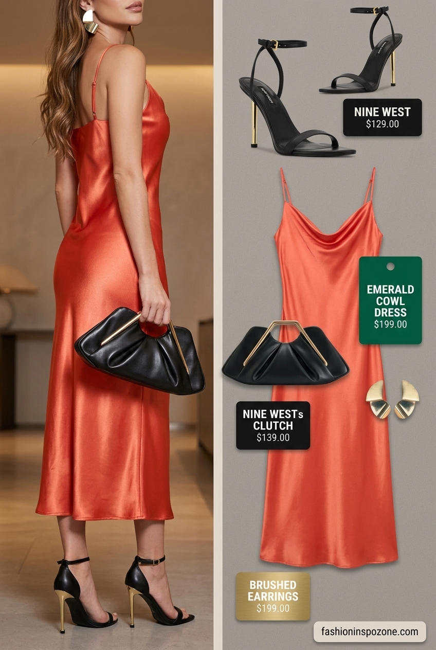 Vibrant coral satin cowl neck slip dress with gold earrings for summer cowl neck outfits for women 2026.