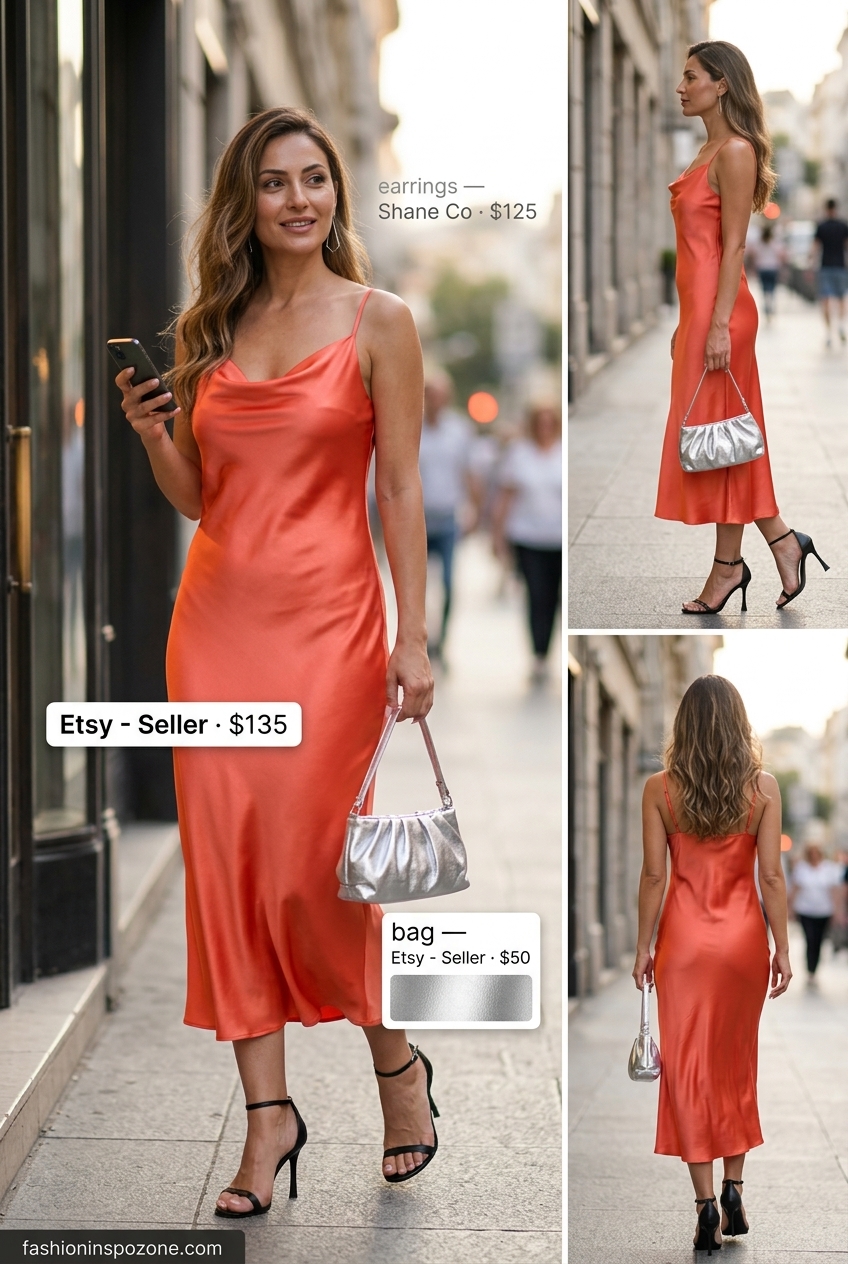 Coral cowl neck slip dress for date night, with metallic silver clutch and black heels. Summer cowl neck outfits for women 2026.