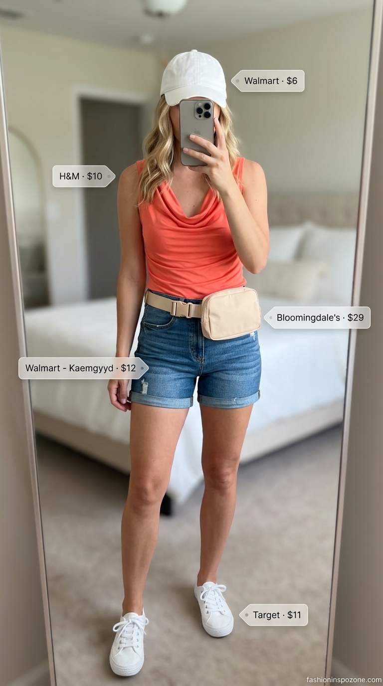 Coral cowl neck t-shirt with denim shorts for summer cowl neck outfits for women 2026.