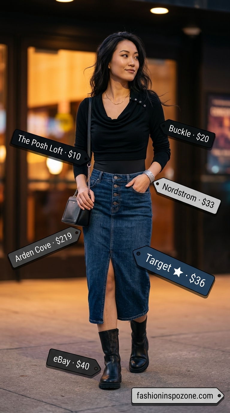 Edgy denim skirt with black cowl neck bodysuit for a night out. Summer cowl neck outfits for women 2026.