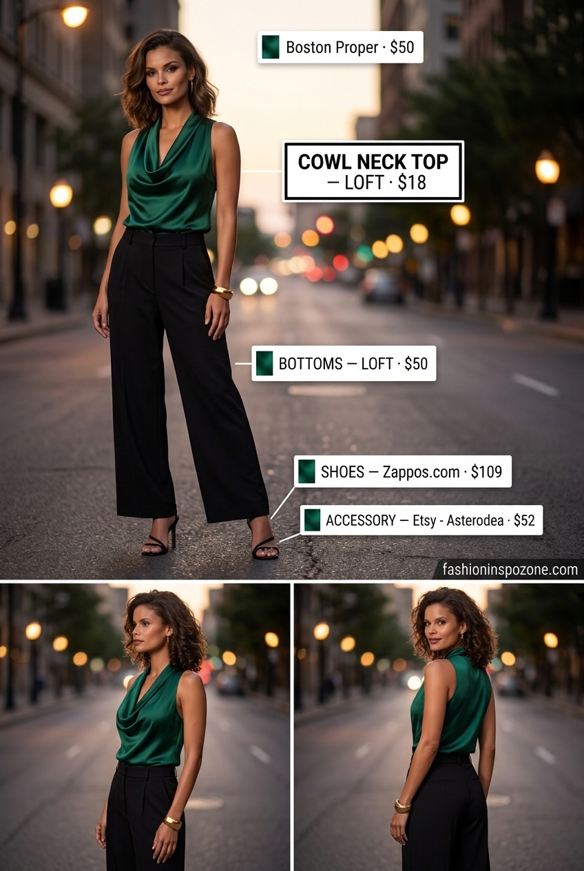 Emerald green cowl neck top with black palazzo pants for summer cowl neck outfits for women 2026.