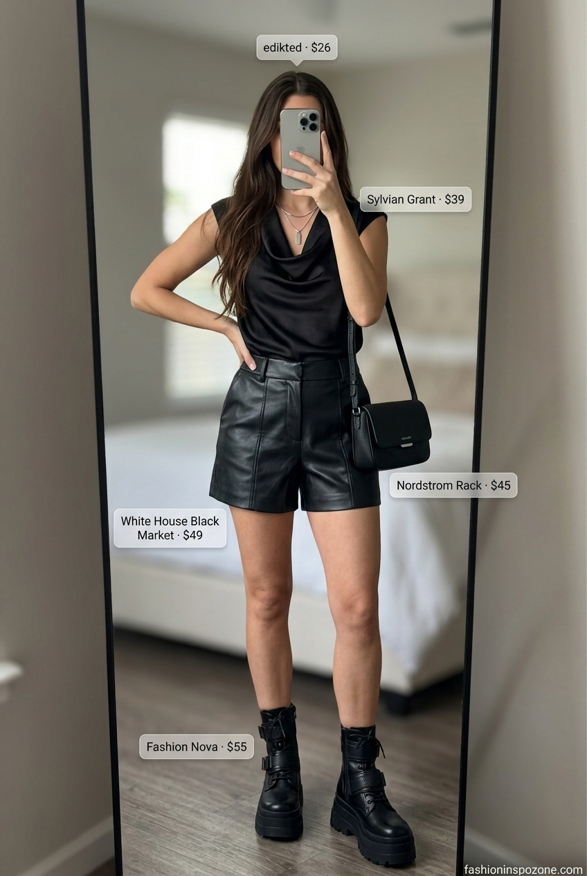 Black cowl neck top with faux leather shorts for summer cowl neck outfits for women 2026.
