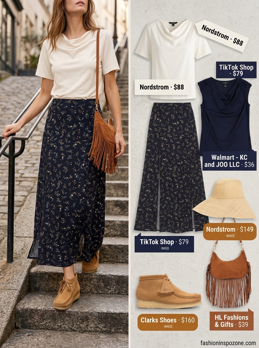 Bohemian maxi skirt outfit with a navy cowl neck top for summer festivals and picnics.