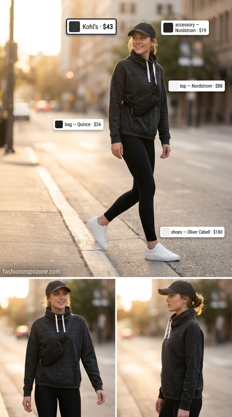 Charcoal grey cowl neck sweatshirt with black leggings for casual comfort. Summer cowl neck outfits for women 2026.