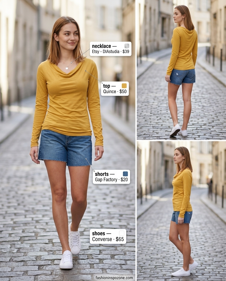Casual mustard yellow cowl neck t-shirt with denim shorts for summer cowl neck outfits for women 2026.
