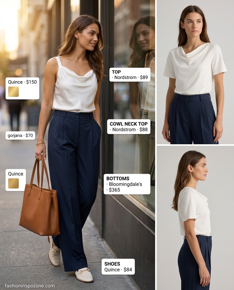 City chic outfit: navy wide-leg trousers with a white cowl neck blouse and beige loafers.