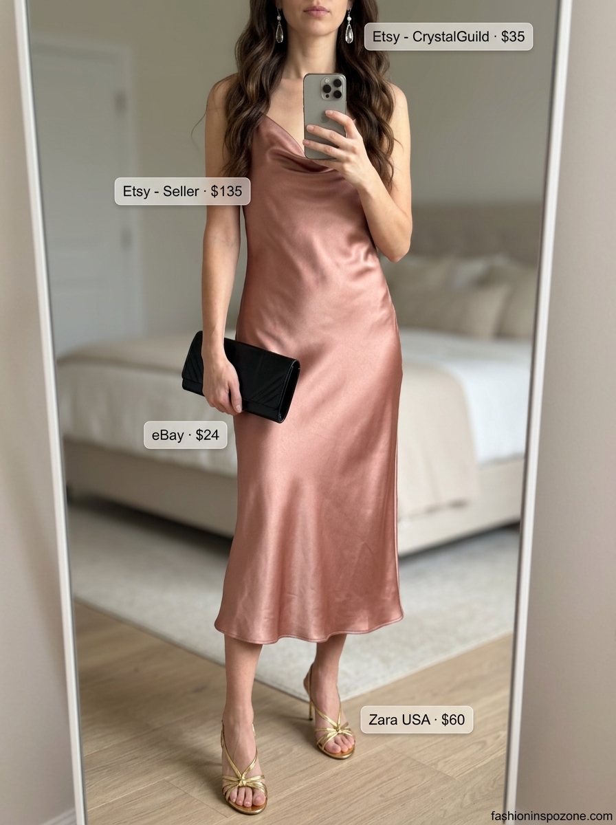 Elegant peach satin cowl neck slip dress with gold sandals for summer cowl neck outfits for women 2026.