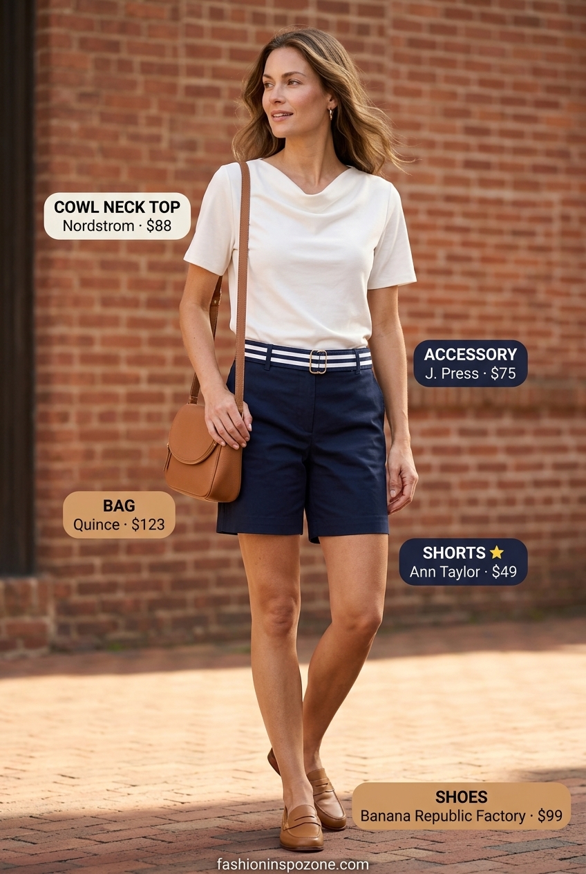 Preppy summer outfit: white cowl neck top with navy chino shorts and tan loafers.