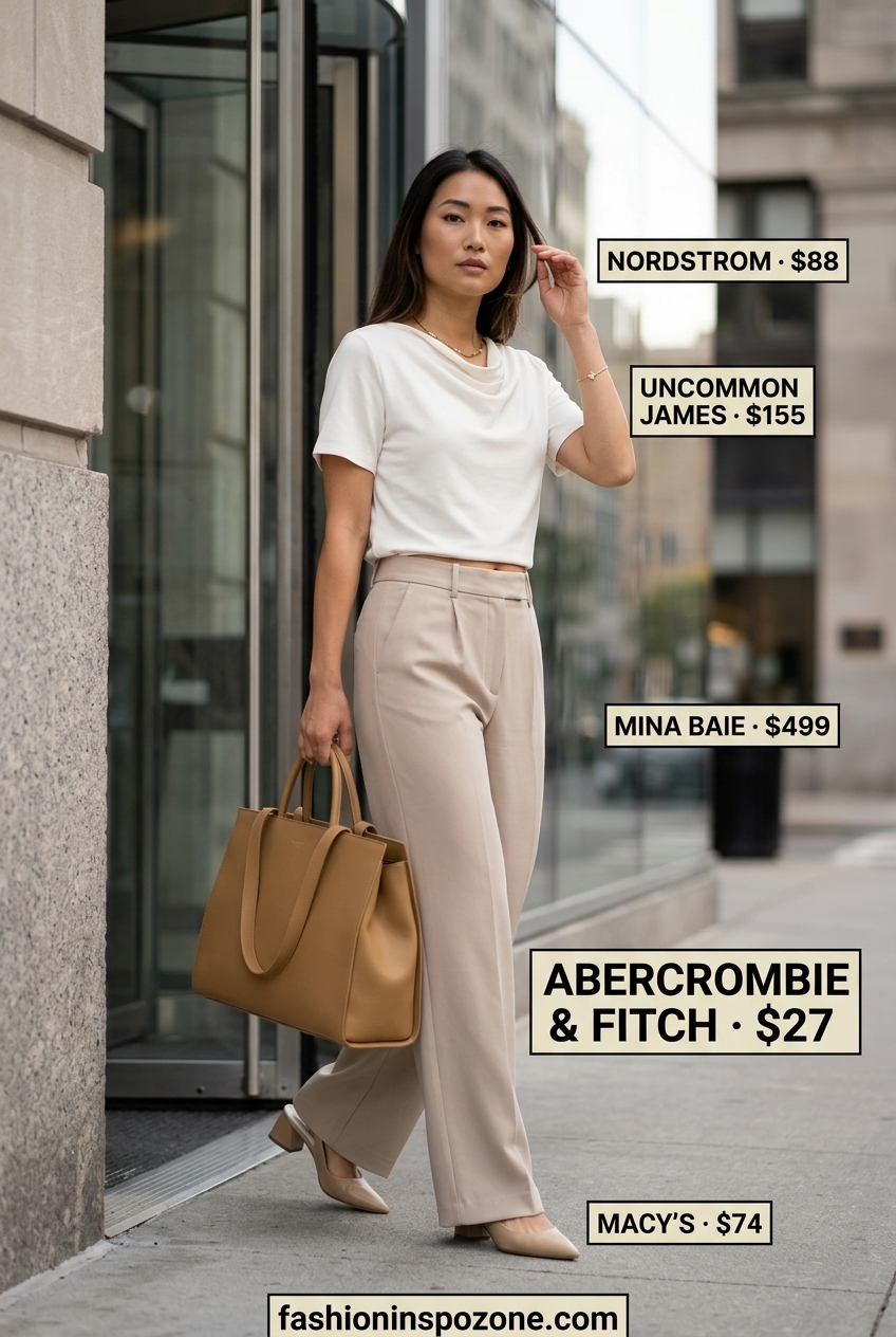 Elegant beige wide-leg trousers with an ivory cowl neck blouse for business casual summer.