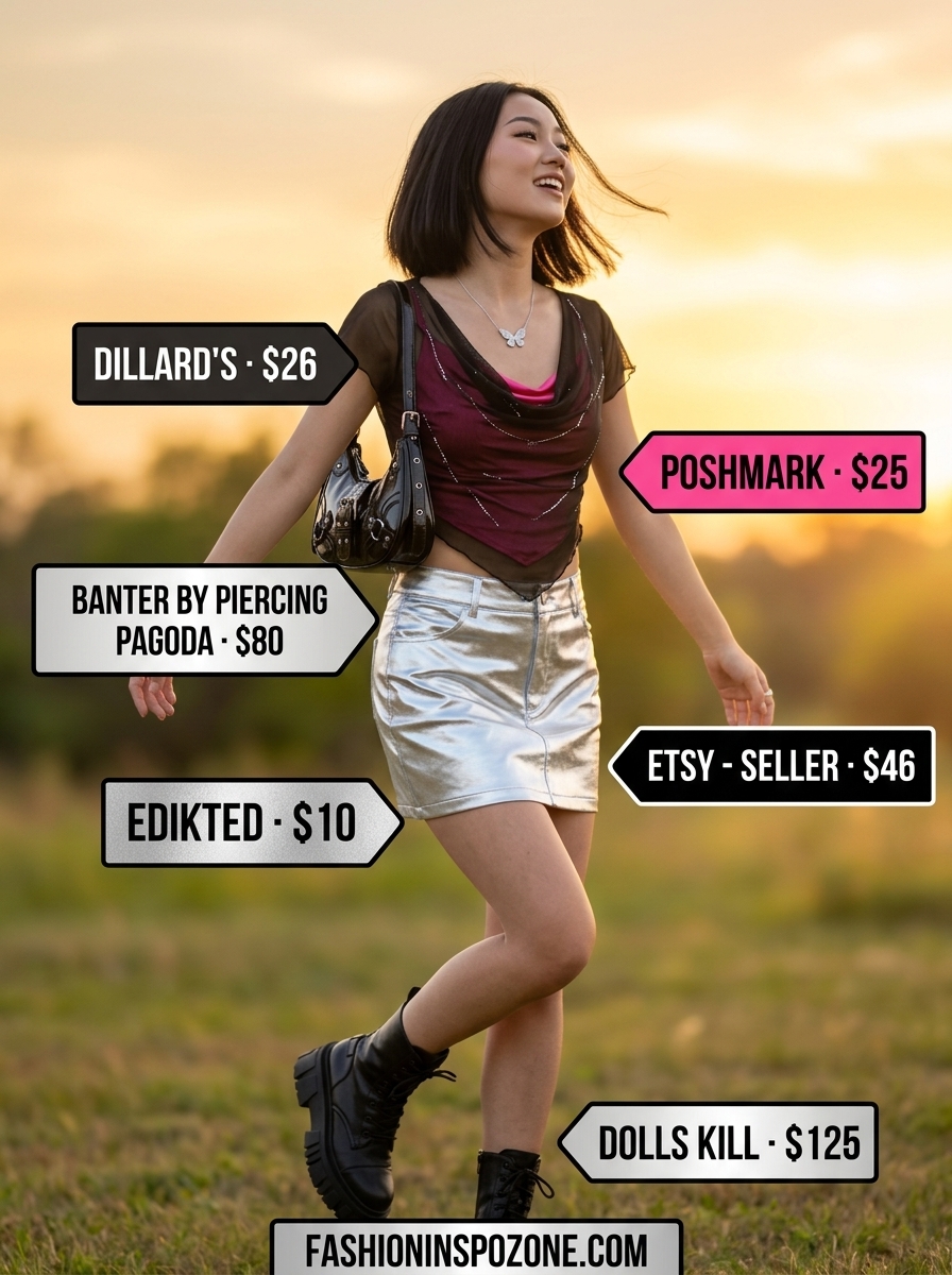 Y2K inspired hot pink cowl neck crop top with silver mini skirt and combat boots. Summer cowl neck outfits for women 2026.