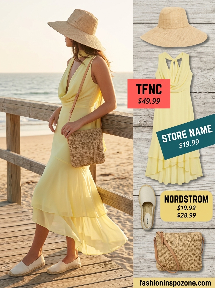 Yellow cowl neck midi dress for vacation, paired with a straw hat and espadrilles. Summer cowl neck outfits for women 2026.