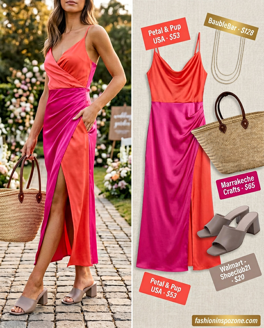 Coral and fuchsia color block dress for summer wedding guest 2026, with tan sandals.