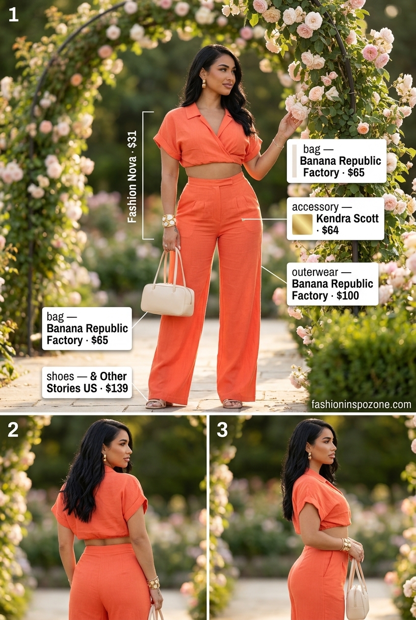 Coral linen set for summer wedding guest 2026, with cream sandals and gold cuff.
