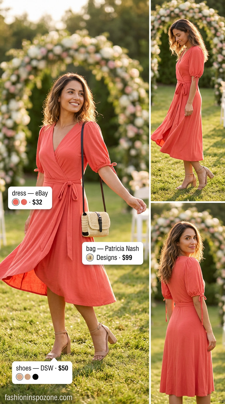 Coral wrap dress for summer garden wedding guest 2026, with nude sandals and gold earrings.