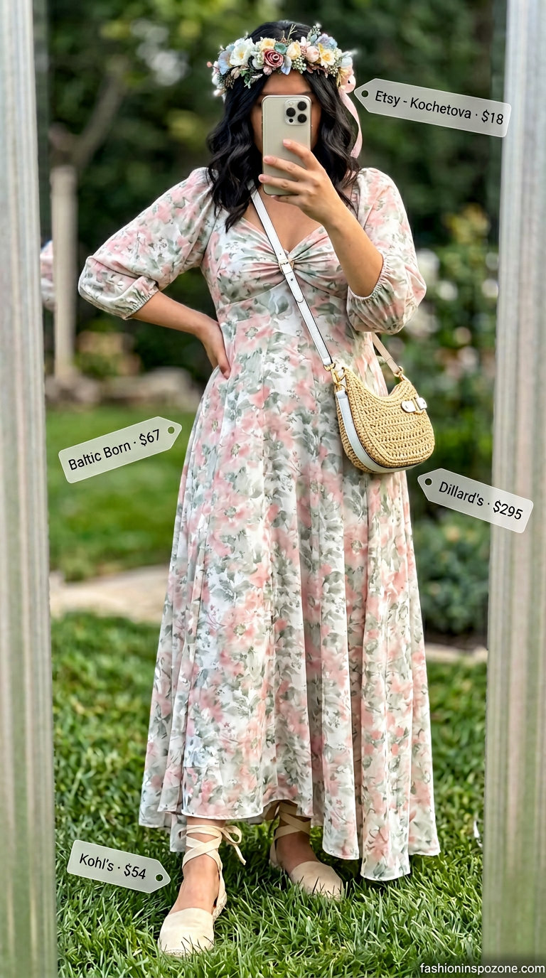 Blush pink floral maxi dress for summer garden wedding guest outfits for women 2026. Dreamy and romantic.