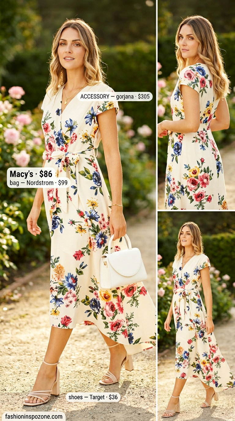 Blush pink floral midi dress for summer garden wedding guest outfits for women 2026. Romantic and elegant.