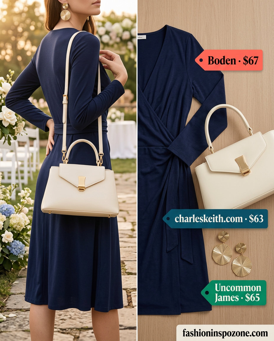 Navy blue wrap dress for summer garden wedding guest outfits for women 2026. Elegant for cocktail parties.