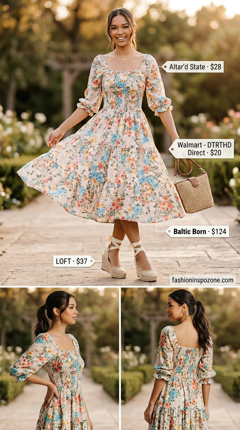 Pastel floral midi dress for summer garden wedding guest 2026, with espadrilles and gold jewelry.