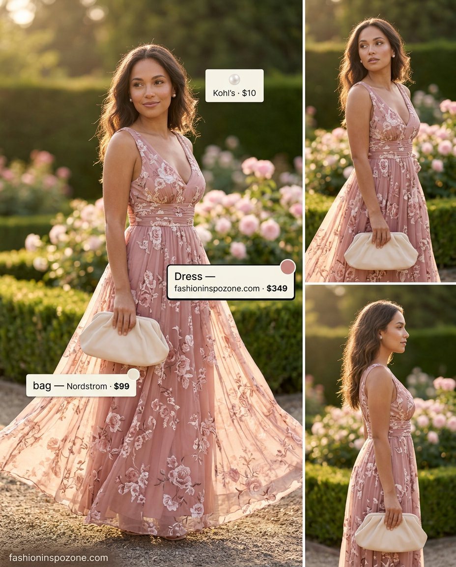 Rose pink floral maxi dress for summer garden wedding guest 2026, paired with nude sandals.