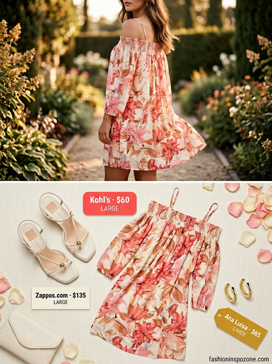 Ivory wide leg pants and floral top for summer garden wedding guest outfits for women 2026. Chic and modern.