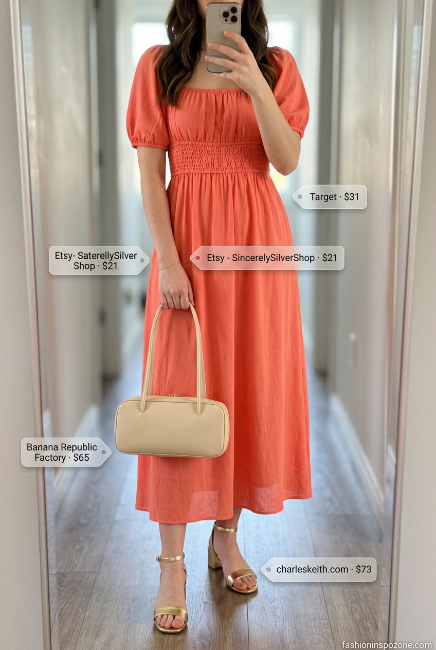 Vibrant coral midi dress for summer garden wedding guest outfits for women 2026. Chic cocktail party look with gold accents.
