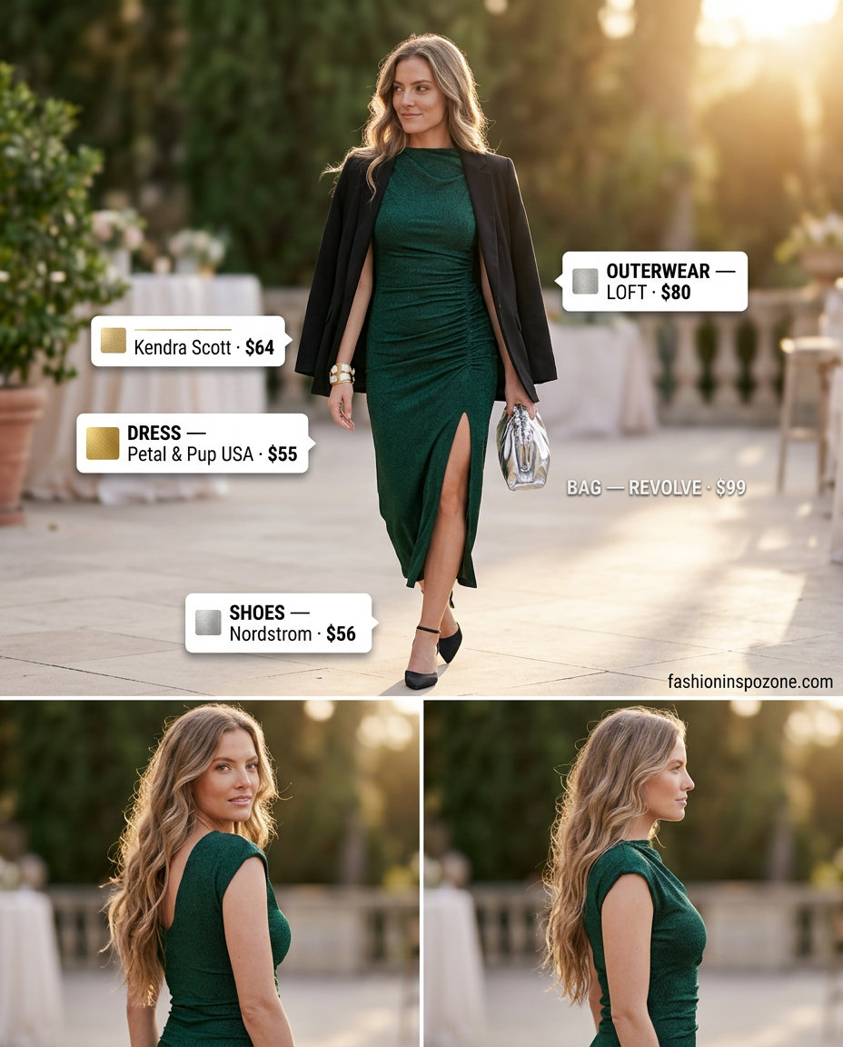 Sophisticated emerald green slip dress for summer garden wedding guest outfits for women 2026. Glamorous evening event attire.