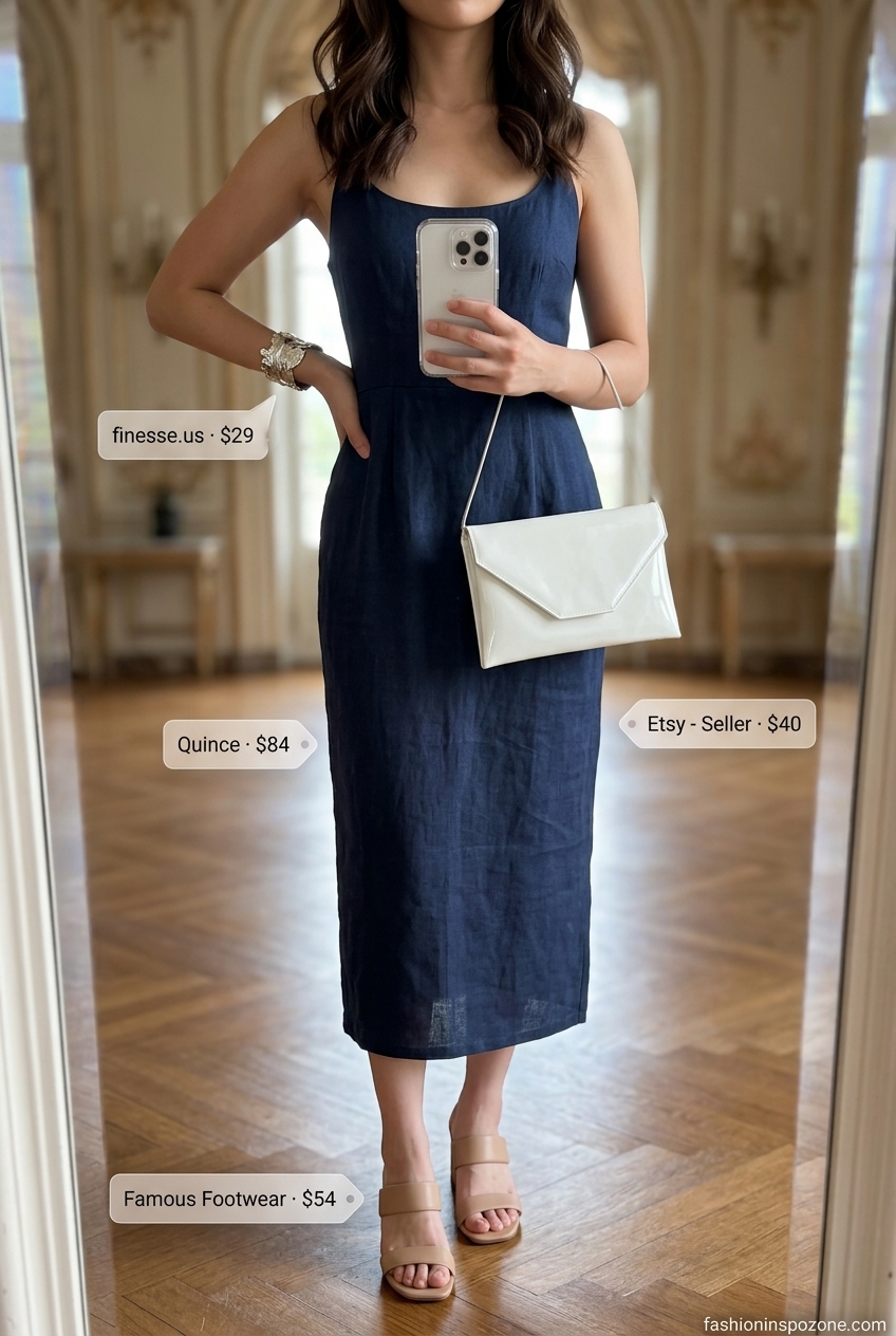 Elegant navy blue jumpsuit for summer garden wedding guest outfits for women 2026. Modern cocktail attire with silver heels.