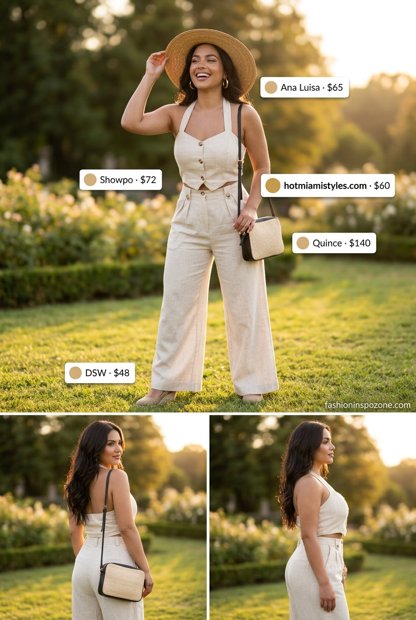 Effortless sandstone beige linen set for summer garden wedding guest outfits for women 2026. Relaxed daytime celebration style.