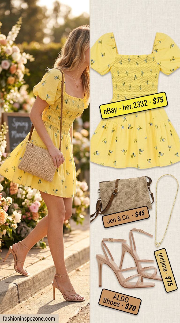 Playful yellow floral mini dress for summer garden wedding guest outfits for women 2026. Sweet daytime party look with tan heels.