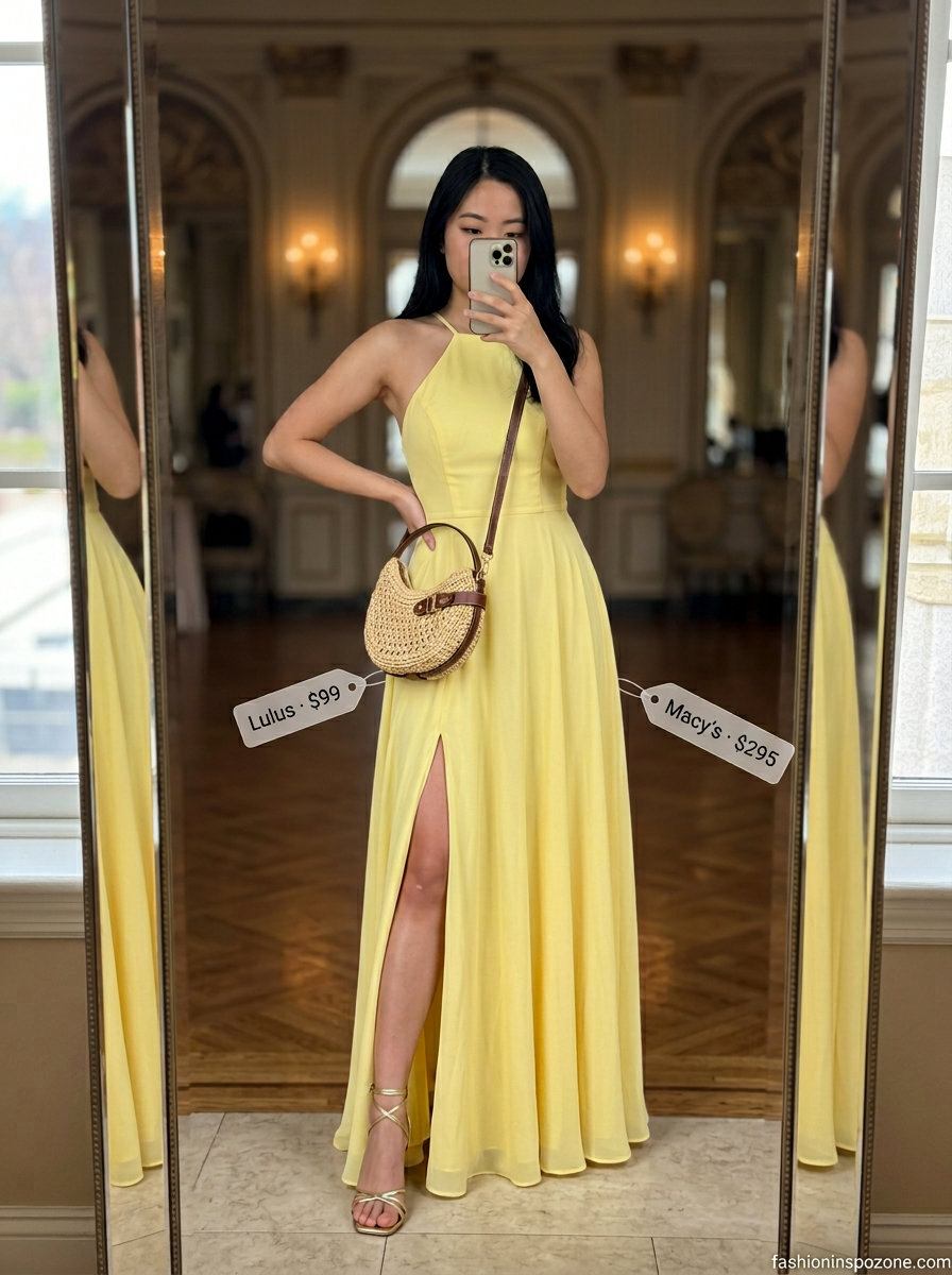 Vibrant sunshine yellow maxi dress for summer garden wedding guest outfits for women 2026. Outdoor event style with gold accessories.