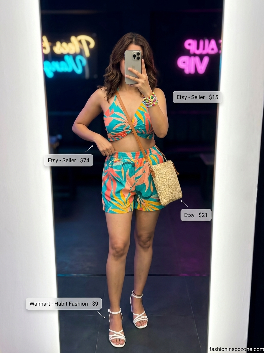 Teal, coral, yellow abstract print shorts set with flat sandals for summer going out to a club outfits for women 2026.