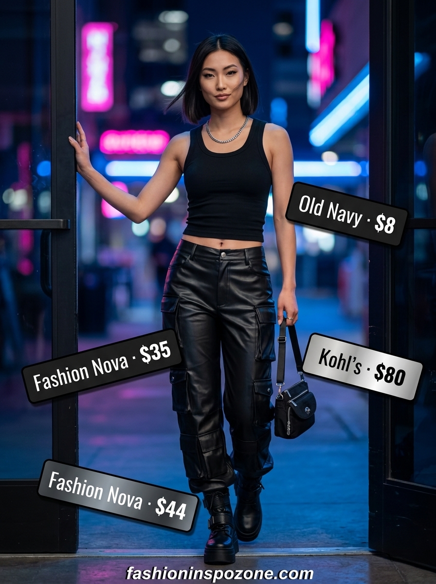 Black faux leather cargo pants with a fitted tank top for summer going out to a club outfits for women 2026.