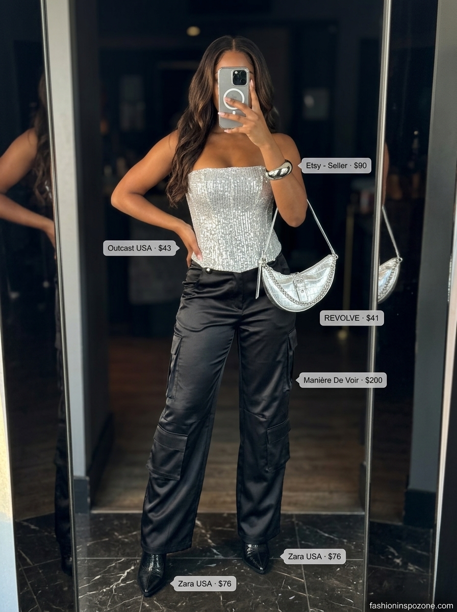 Edgy black and silver metallic corset top with cargo pants for summer going out to a club outfits for women 2026.