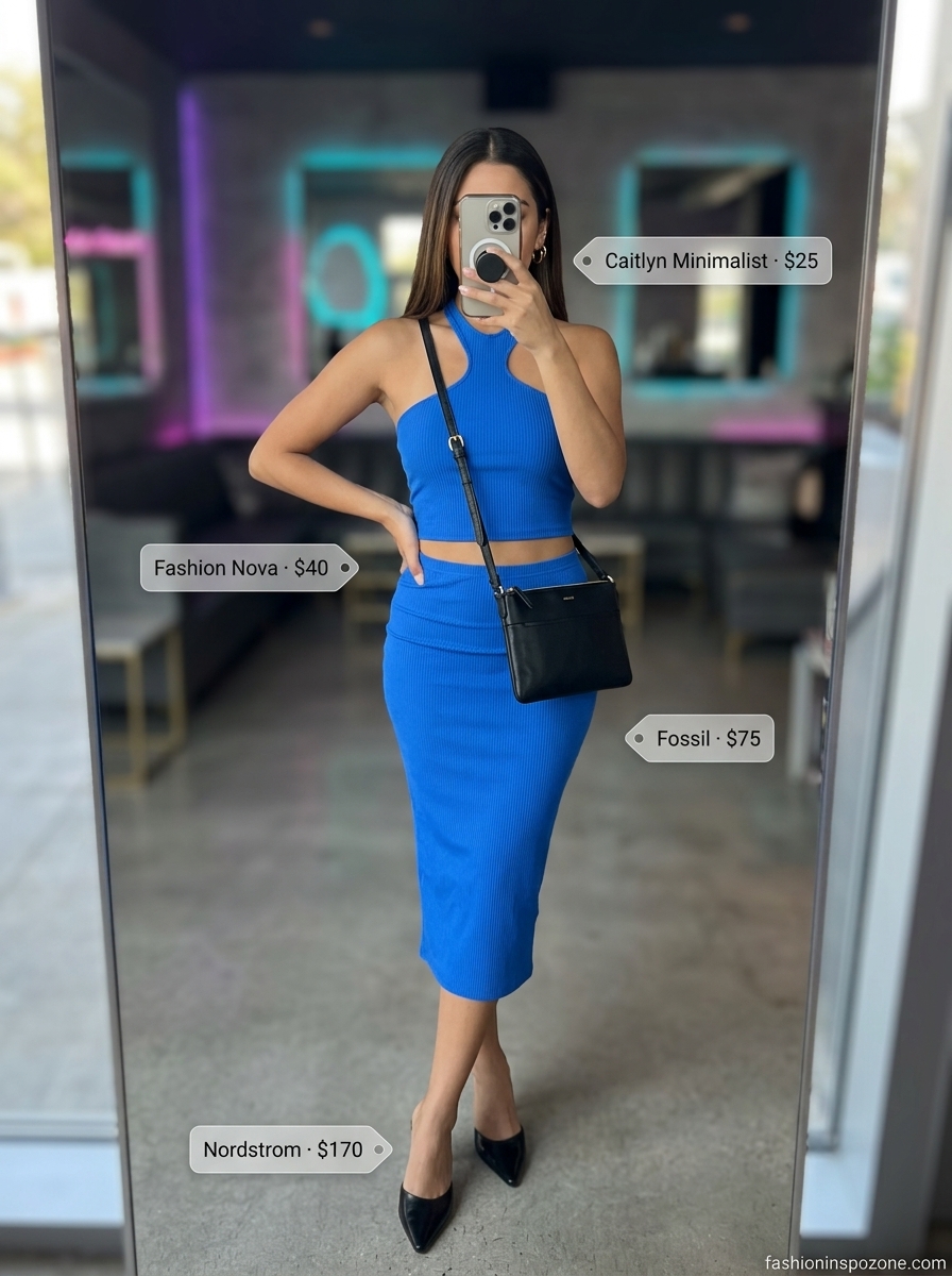 Cobalt blue and white color-block midi skirt set with black mules for summer going out to a club outfits for women 2026.