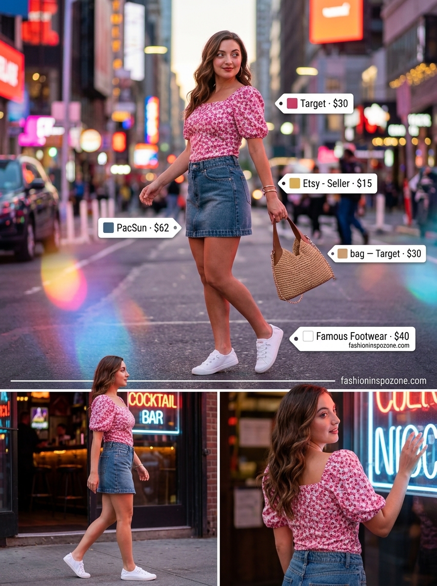 Playful denim mini skirt with floral peasant blouse for summer going out to a club outfits for women 2026.