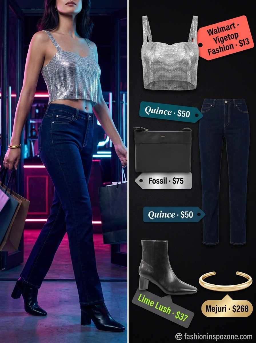 Silver sequin crop top with dark wash denim jeans for summer going out to a club outfits for women 2026.